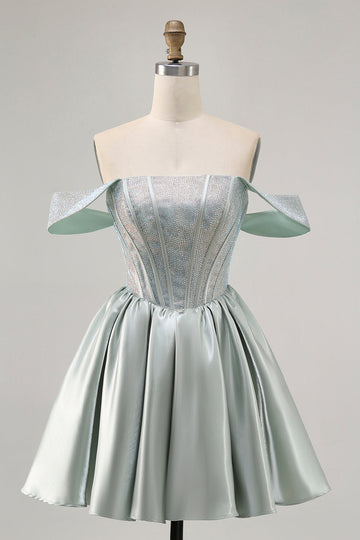 Light Green A-Line Off The Shoulder Corset Short Prom Dress with Beading